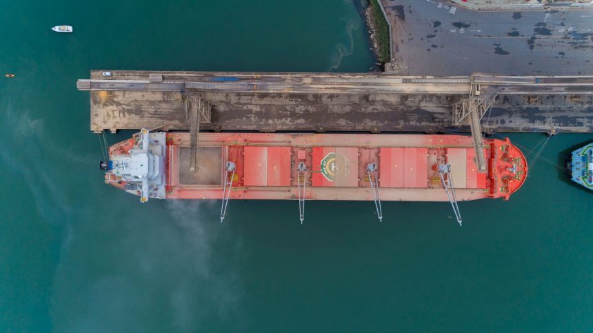 Vista aérea de um navio de carga atracado no porto de São Francisco do Sul, com estruturas portuárias e movimentação marítima ao redor.