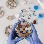 Cientista usando luvas examina amostras de solo em placas de laboratório.