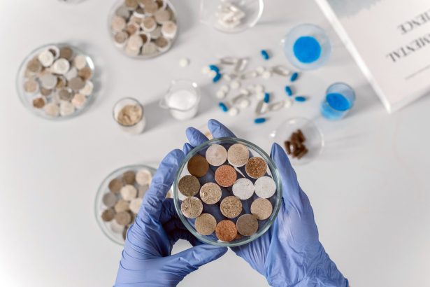Cientista usando luvas examina amostras de solo em placas de laboratório.