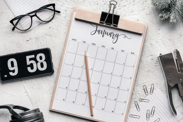 Calendário sobre uma prancheta, acompanhado de lápis, artigos de papelaria e óculos sobre uma mesa.